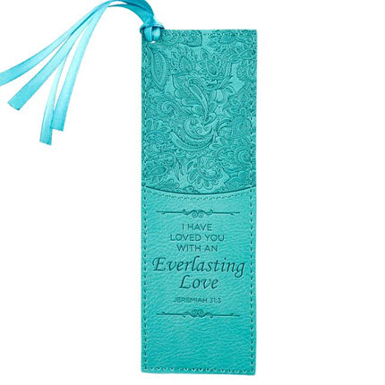 Christian Art Gifts Teal Faux Leather Bookmark Everlasting Love - Jeremiah 31:3 Bible Verse Inspirational Bookmark for Women W/Satin Ribbon Tassel - Ingram