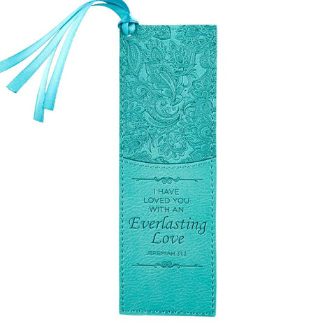Christian Art Gifts Teal Faux Leather Bookmark Everlasting Love - Jeremiah 31:3 Bible Verse Inspirational Bookmark for Women W/Satin Ribbon Tassel - Ingram