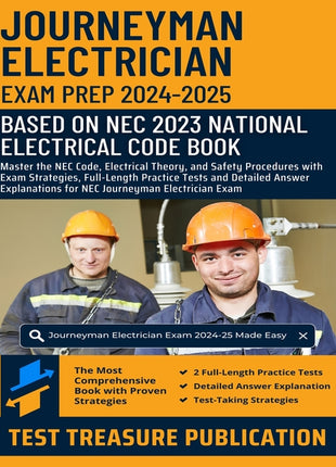 Front cover of the "Journeyman Electrician Exam Prep 2024-2025" study guide by Test Treasure Publication. This 2023 NEC-based manual includes practice tests and strategies for electricians.