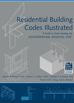 Book cover for Residential Building Codes Illustrated: A Guide to Understanding the 2009 International Residential Code by Winkel, Collins, Juroszek, and Ching.