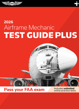 Book cover of the "2026 Airframe Mechanic Test Guide Plus" from Aviation Supplies & Academics (ASA), featuring a red background and a black-and-white airplane nose graphic.