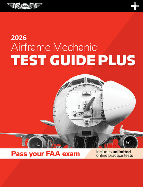 Book cover of the "2026 Airframe Mechanic Test Guide Plus" from Aviation Supplies & Academics (ASA), featuring a red background and a black-and-white airplane nose graphic.