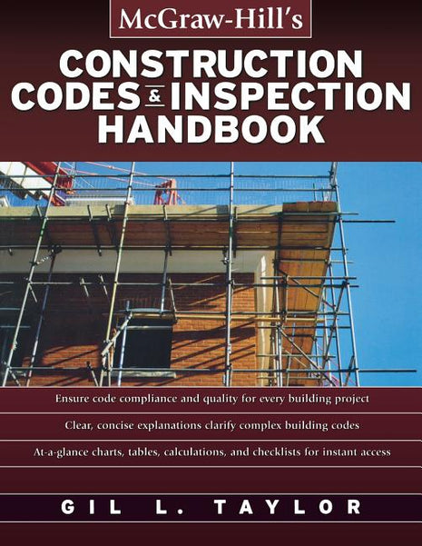 Book cover for McGraw-Hill's Construction Codes & Inspection Handbook by Gil L. Taylor, featuring construction scaffolding on a brick building.
