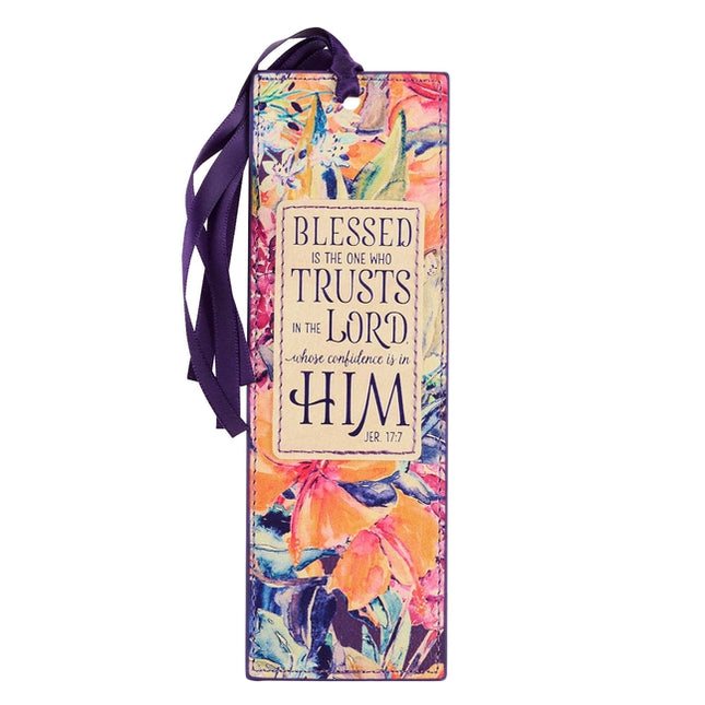 Christian Art Gifts Faux Leather Bookmark Blessed Is the One Jeremiah 17:7 Bible Verse, Purple Floral - Ingram