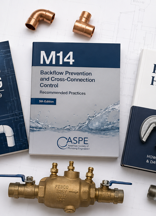 The Inspector & Field Compliance Kit plumbing book bundle layout. A curated 3-text technical collection featuring Plumbing Venting: Decoding Chapter 9 of the IPC by Bob Scott, M14 Backflow Prevention and Cross-Connection Control 5th Edition by AWWA, and the Plumber's Handbook Revised 6th Edition by Howard Massey &amp; David M. Gans. This compliance kit targets municipal field inspection guidelines, trap safety regulations, cross-connection control containment, and mechanical code enforcement.