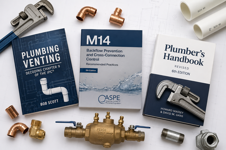 The Inspector & Field Compliance Kit plumbing book bundle layout. A curated 3-text technical collection featuring Plumbing Venting: Decoding Chapter 9 of the IPC by Bob Scott, M14 Backflow Prevention and Cross-Connection Control 5th Edition by AWWA, and the Plumber's Handbook Revised 6th Edition by Howard Massey &amp; David M. Gans. This compliance kit targets municipal field inspection guidelines, trap safety regulations, cross-connection control containment, and mechanical code enforcement.
