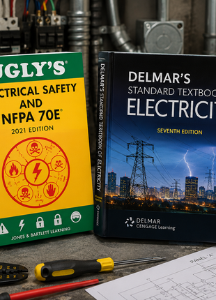 Electrical safety and compliance training bundle on an industrial workspace, featuring Ugly's Electrical Safety and NFPA 70E 2021 Edition and Delmar's Standard Textbook of Electricity Seventh Edition. Surrounding elements include a yellow digital multimeter, an electrical panel schematic blueprint, a white hard hat, wire strippers, linesman pliers, and a high voltage danger sign.