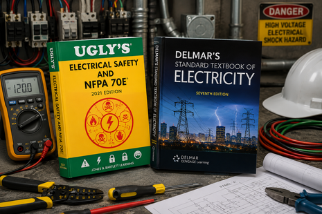 Electrical safety and compliance training bundle on an industrial workspace, featuring Ugly's Electrical Safety and NFPA 70E 2021 Edition and Delmar's Standard Textbook of Electricity Seventh Edition. Surrounding elements include a yellow digital multimeter, an electrical panel schematic blueprint, a white hard hat, wire strippers, linesman pliers, and a high voltage danger sign.