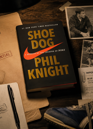 Shoe Dog by Phil Knight book cover displayed on a desk with vintage Blue Ribbon Sports documents, running shoe, notebook sketch, import/export form, and archival photos illustrating the early history of Nike and its founder’s entrepreneurial journey