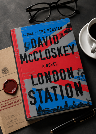 Overhead flat-lay of *London Station* by David McCloskey, a spy thriller novel, on a dark charcoal desk with black reading glasses, coffee, classified documents, wax-sealed envelope, and fountain pen.

