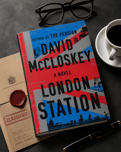 Overhead flat-lay of *London Station* by David McCloskey, a spy thriller novel, on a dark charcoal desk with black reading glasses, coffee, classified documents, wax-sealed envelope, and fountain pen.
