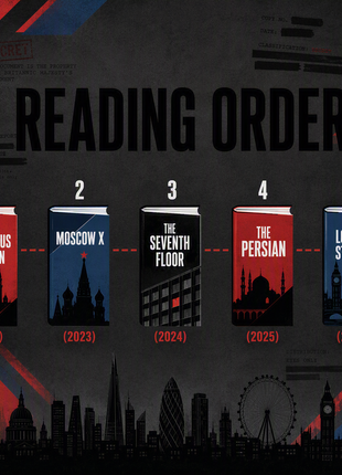 Reading order infographic for David McCloskey spy thriller novels, featuring a dark charcoal-gray espionage-themed poster with red and blue Union Jack-inspired accents, classified document textures, and a chronological timeline of five books: Damascus Station (2021), Moscow X (2023), The Seventh Floor (2024), The Persian (2025), and London Station (2026). Book-spine icons are connected by a dashed red line and numbered 1 through 5, with a black city skyline silhouette along the bottom in a modern bookstore-