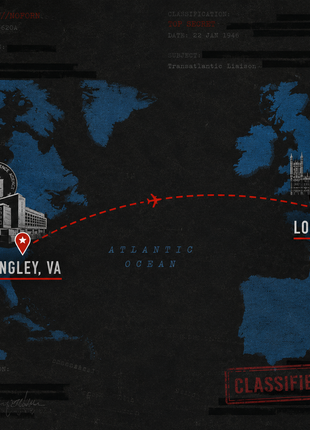 Stylized espionage map graphic showing a red flight path across the Atlantic connecting Langley, Virginia and London, England, with CIA and Big Ben landmarks on a dark classified-document background.

