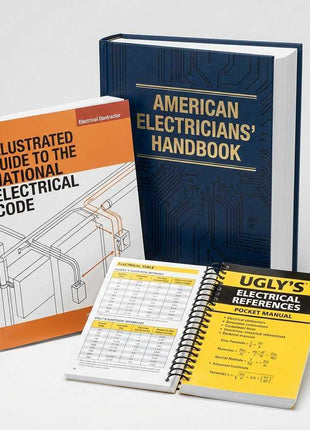 Three-book product bundle featuring American Electricians' Handbook, Illustrated Guide to the National Electrical Code, and an open spiral-bound Ugly's Electrical References manual.