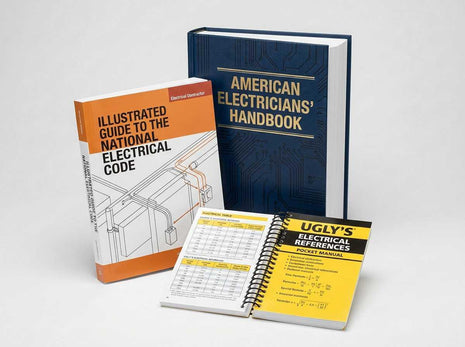 Three-book product bundle featuring American Electricians' Handbook, Illustrated Guide to the National Electrical Code, and an open spiral-bound Ugly's Electrical References manual.