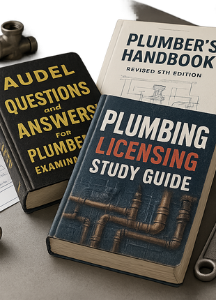 The Master Licensing Board Prep Pack book bundle display. A targeted 3-book trade examination suite featuring the Plumbing Licensing Study Guide, Audel Questions and Answers for Plumbers' Examinations, and the Plumber's Handbook Revised 5th Edition. This study collection is designed for vocational plumbing apprentices, journeyman exam preparation, master plumber licensing tests, and trade school curricula.
