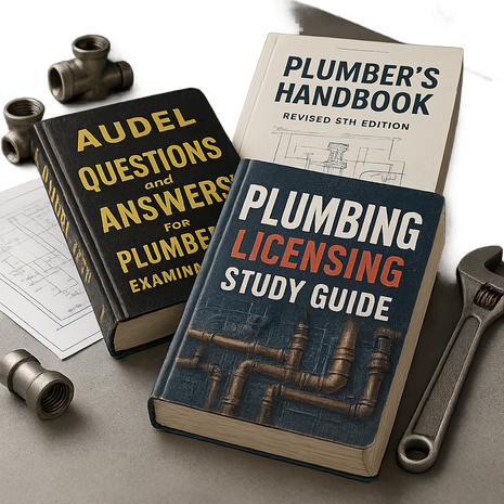 The Master Licensing Board Prep Pack book bundle display. A targeted 3-book trade examination suite featuring the Plumbing Licensing Study Guide, Audel Questions and Answers for Plumbers' Examinations, and the Plumber's Handbook Revised 5th Edition. This study collection is designed for vocational plumbing apprentices, journeyman exam preparation, master plumber licensing tests, and trade school curricula.