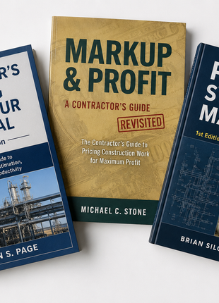 The Plumbing Contractor’s Profit & Estimating Suite book bundle layout. A curated 3-text business library featuring Estimator's Piping Man-Hour Manual by John S. Page, Markup & Profit by Michael C. Stone, and Piping Systems Manual by Brian Silowash. This technical collection provides essential frameworks for plumbing business bidding, construction pricing strategies, unit labor productivity tracking, and commercial mechanical estimating.