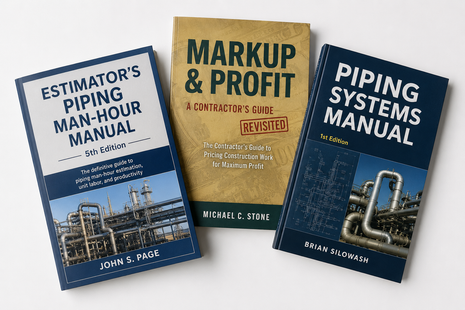 The Plumbing Contractor’s Profit & Estimating Suite book bundle layout. A curated 3-text business library featuring Estimator's Piping Man-Hour Manual by John S. Page, Markup & Profit by Michael C. Stone, and Piping Systems Manual by Brian Silowash. This technical collection provides essential frameworks for plumbing business bidding, construction pricing strategies, unit labor productivity tracking, and commercial mechanical estimating.
