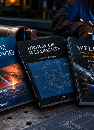 Professional metallurgy and structural design book bundle, featuring Welding Metallurgy, Design of Weldments, and Advanced Principles, displayed on a shop table with blueprints for engineers.