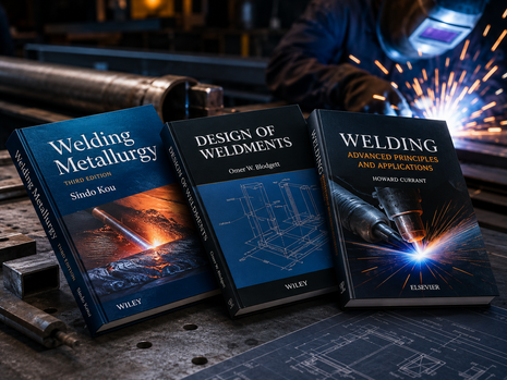 Professional metallurgy and structural design book bundle, featuring Welding Metallurgy, Design of Weldments, and Advanced Principles, displayed on a shop table with blueprints for engineers.