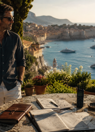 Luxury Mediterranean espionage scene inspired by Daniel Silva’s Ransom, with a former intelligence operative, intelligence notes, secure phone, and coastal setting reflecting the novel’s themes of secrecy, international intrigue, and investigation.