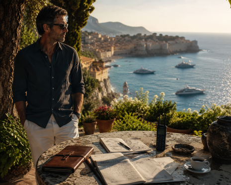 Luxury Mediterranean espionage scene inspired by Daniel Silva’s Ransom, with a former intelligence operative, intelligence notes, secure phone, and coastal setting reflecting the novel’s themes of secrecy, international intrigue, and investigation.