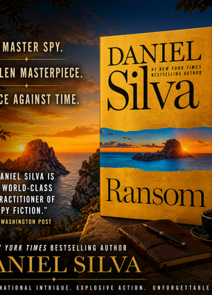 Perfect for fans of espionage thrillers, Dan Silva's Ransom is showcased in a sophisticated spy-themed graphic highlighting international intrigue, intelligence operations, suspense, and globe-trotting adventure.