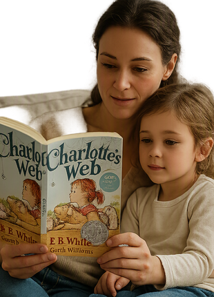 Parent reading Charlotte’s Web by E.B. White to a young child on a couch, close-up of paperback book cover with classic illustration, cozy family reading time, children’s book storytelling scene ISBN 9780064400558