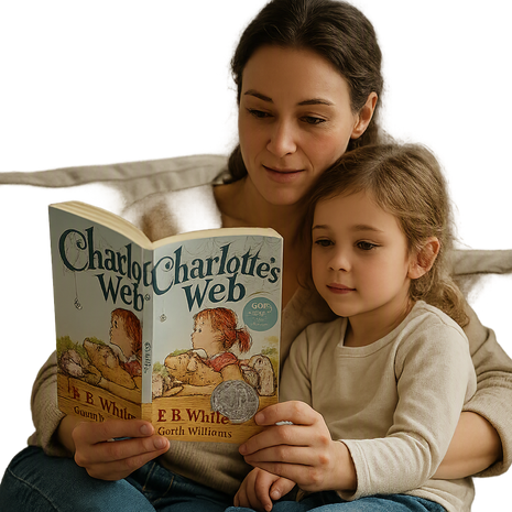 Parent reading Charlotte’s Web by E.B. White to a young child on a couch, close-up of paperback book cover with classic illustration, cozy family reading time, children’s book storytelling scene ISBN 9780064400558