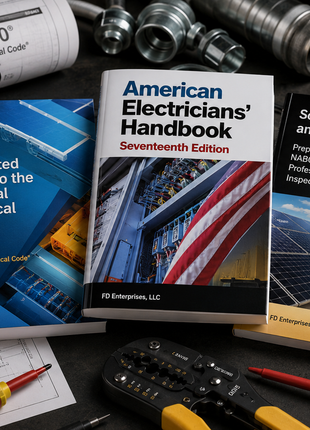Solar PV inspector exam prep bundle on a workspace, featuring the Illustrated Guide to the National Electrical Code, American Electricians' Handbook Seventeenth Edition, and Solar PV Engineering and Installation textbooks. Surrounding elements include a yellow digital multimeter, a PV system site plan blueprint, an MC4 solar wire crimping tool, insulated screwdrivers, and conduit.
