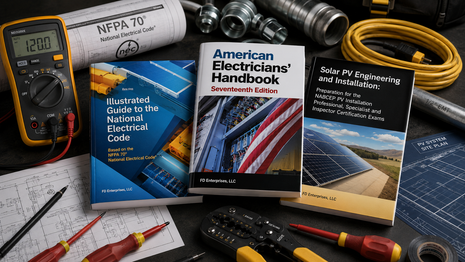Solar PV inspector exam prep bundle on a workspace, featuring the Illustrated Guide to the National Electrical Code, American Electricians' Handbook Seventeenth Edition, and Solar PV Engineering and Installation textbooks. Surrounding elements include a yellow digital multimeter, a PV system site plan blueprint, an MC4 solar wire crimping tool, insulated screwdrivers, and conduit.