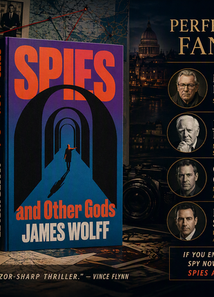 Graphic for Spies and Other Gods by James Wolff, featuring the novel prominently displayed against a cinematic espionage backdrop with intelligence files, coded messages, surveillance photos, European city skylines, investigation boards, and classified documents.  Includes the headline “Perfect For Fans Of” alongside the names Mick Herron, John le Carré, Charles Cumming, and Daniel Silva. Sophisticated spy-thriller atmosphere highlighting international intrigue, covert operations, and political suspense.