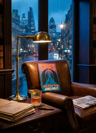 Spies and Other Gods by James Wolff displayed in a luxury reading lounge with a leather armchair, city skyline views, and warm lighting, highlighting the novel's sophisticated espionage thriller atmosphere.