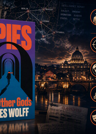 Marketing banner for Spies and Other Gods by James Wolff, featuring the book cover prominently displayed on the left against a cinematic espionage backdrop. European city lights, intelligence dossiers, surveillance imagery, and interconnected maps create a sophisticated spy-thriller atmosphere in dark blue and amber tones. The right side highlights key themes including former intelligence officer author, authentic spy tradecraft, international conspiracy, political intrigue, and darkly funny suspense.