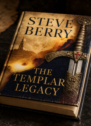 Premium product photograph of The Templar Legacy by Steve Berry, featuring a hardcover thriller novel displayed on a dark marble surface with cinematic lighting, historical map background, Templar sword imagery, and themes of ancient secrets, conspiracies, and mystery adventure.