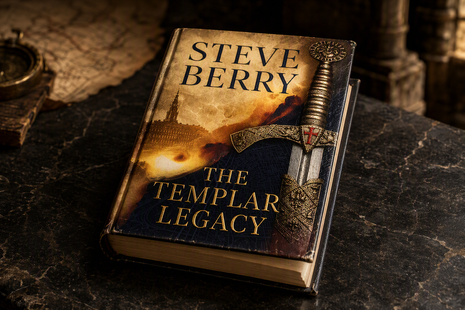Premium product photograph of The Templar Legacy by Steve Berry, featuring a hardcover thriller novel displayed on a dark marble surface with cinematic lighting, historical map background, Templar sword imagery, and themes of ancient secrets, conspiracies, and mystery adventure.