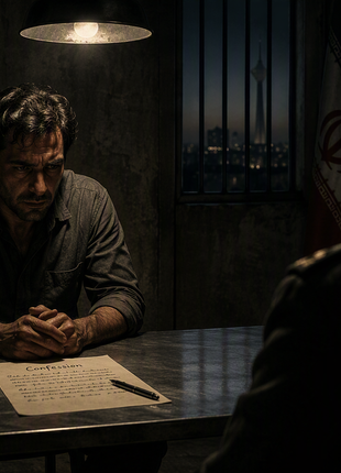 Interrogation room scene from The Persian by David McCloskey featuring a prisoner seated at a metal table under a single overhead light, facing a shadowed interrogator in a stark prison setting, symbolizing covert operations, betrayal, captivity, and political intrigue in the Iran-Israel conflict.