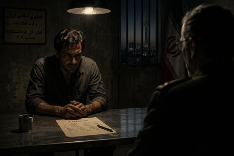 Interrogation room scene from The Persian by David McCloskey featuring a prisoner seated at a metal table under a single overhead light, facing a shadowed interrogator in a stark prison setting, symbolizing covert operations, betrayal, captivity, and political intrigue in the Iran-Israel conflict.