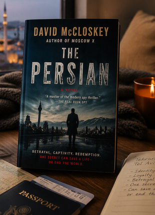 Lifestyle reading scene featuring The Persian by David McCloskey displayed beside coffee and reading accessories, showcasing an espionage thriller novel for fans of spy fiction, political intrigue, international suspense, and geopolitical thrillers.
