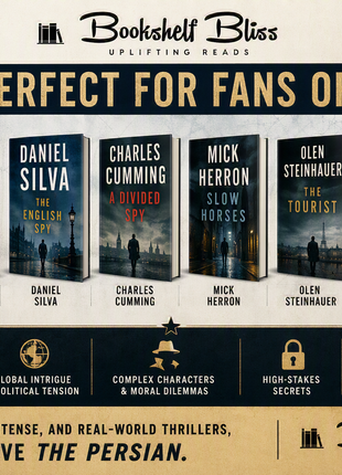 "Perfect For Fans Of" espionage thriller graphic featuring recommendations for readers who enjoy John le Carré, Daniel Silva, and geopolitical spy fiction, branded with the Bookshelf Bliss logo.