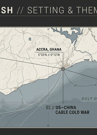 An illustrated setting and themes map for the thriller novel 'The Silver Fish,' showing Accra, Ghana, at 5°33'N 0°12'W on the Gulf of Guinea. The map connects to three thematic concepts: Geopolitical Espionage, US-China Cable Cold War, and Investigative Journalism with a reporter's notebook.