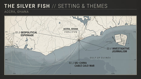 An illustrated setting and themes map for the thriller novel 'The Silver Fish,' showing Accra, Ghana, at 5°33'N 0°12'W on the Gulf of Guinea. The map connects to three thematic concepts: Geopolitical Espionage, US-China Cable Cold War, and Investigative Journalism with a reporter's notebook.