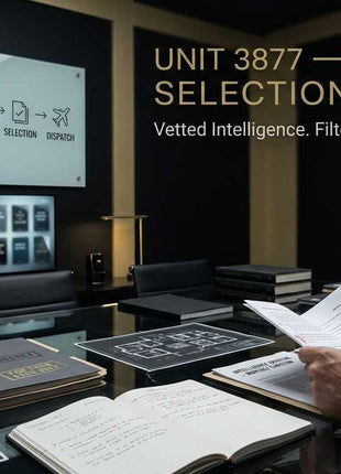 Unit 3877 Editorial Selection Process diagram  showing five stages — Source Intake, Analysis, Editorial Review, Selection, and Dispatch — displayed above a dark, upscale review room with a hand annotating documents, surrounded by books, blueprints, and dossiers, with the tagline "Vetted Intelligence. Filtered. Verified. Delivered."