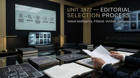 Unit 3877 Editorial Selection Process diagram  showing five stages — Source Intake, Analysis, Editorial Review, Selection, and Dispatch — displayed above a dark, upscale review room with a hand annotating documents, surrounded by books, blueprints, and dossiers, with the tagline "Vetted Intelligence. Filtered. Verified. Delivered."