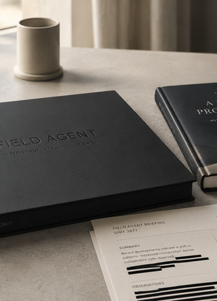 Field Agent Monthly Intelligence Brief subscription box with espionage hardcover novel and redacted intelligence briefing document, Unit 3877
