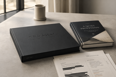 Field Agent Monthly Intelligence Brief subscription box with espionage hardcover novel and redacted intelligence briefing document, Unit 3877