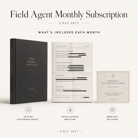 Image shows what's included each month: vetted espionage hardcover novel, and digital  intelligence briefing document