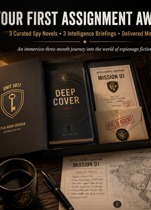 Unit 3877 Field Agent Three-Month Espionage Fiction Subscription featuring a premium hardcover spy novel, Mission 01 intelligence briefing, sealed Field Agent assignment envelope, three numbered mission folders, coffee mug, fountain pen, vintage map, and compass arranged on a cinematic walnut desk beneath warm lamplight with the headline "Your First Assignment Awaits."