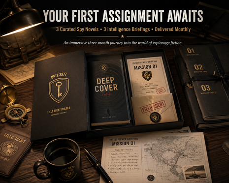 Unit 3877 Field Agent Three-Month Espionage Fiction Subscription featuring a premium hardcover spy novel, Mission 01 intelligence briefing, sealed Field Agent assignment envelope, three numbered mission folders, coffee mug, fountain pen, vintage map, and compass arranged on a cinematic walnut desk beneath warm lamplight with the headline "Your First Assignment Awaits."
